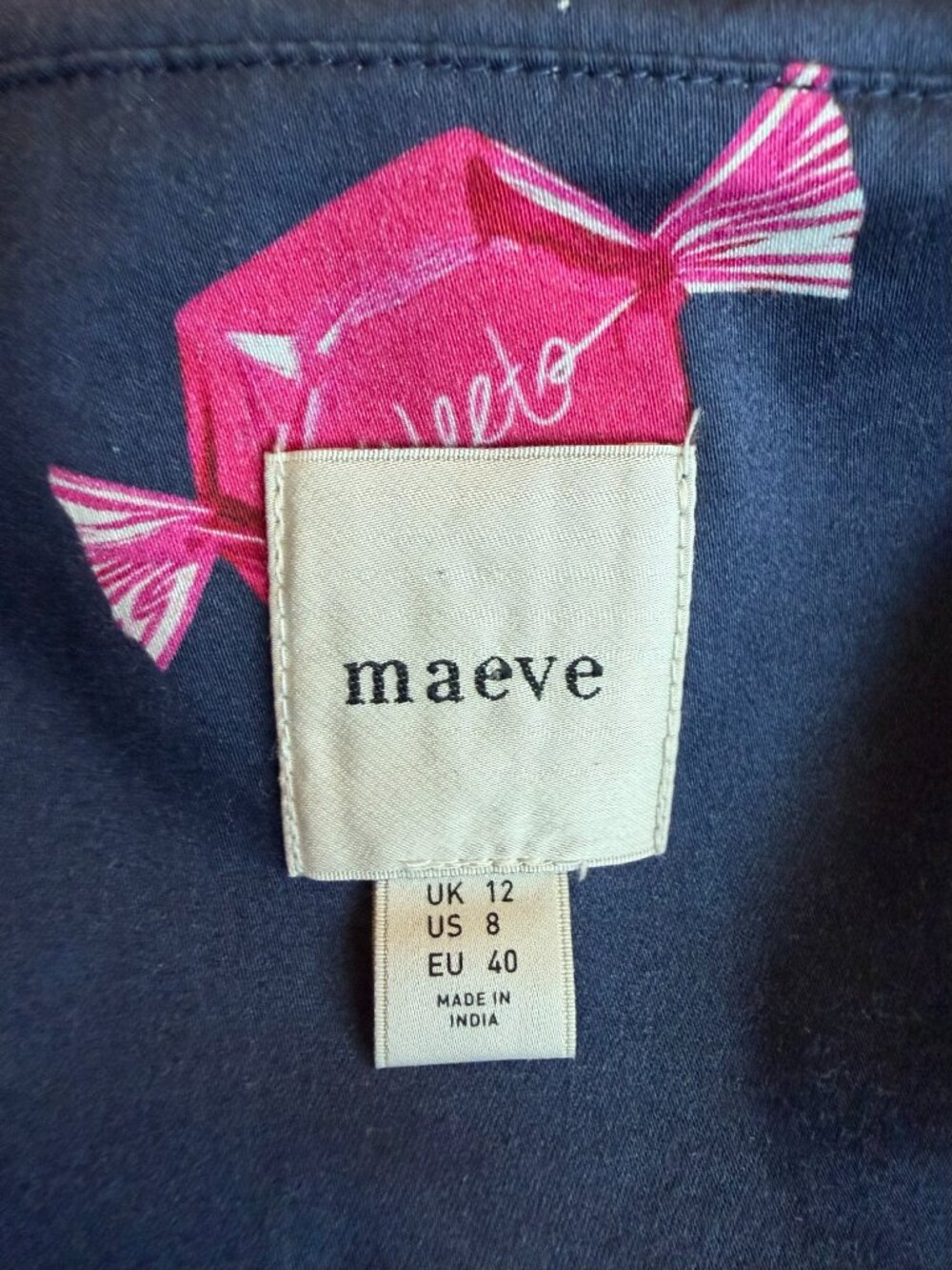 Maeve Navy Candy Print Ruffle Button Front Dress Stretchy Size 8 Women's - Picture 12 of 13